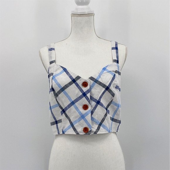 Red Carter Tops - Red Carter Blue Plaid Linen Button Front Crop Top